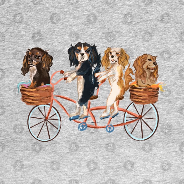 Four Cavalier King Charles Spaniels Riding a Bike by Cavalier Gifts